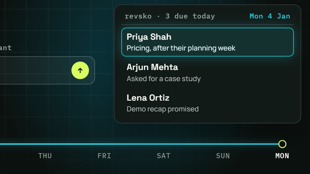 revsko example: three people due for a follow-up today, each with the reason